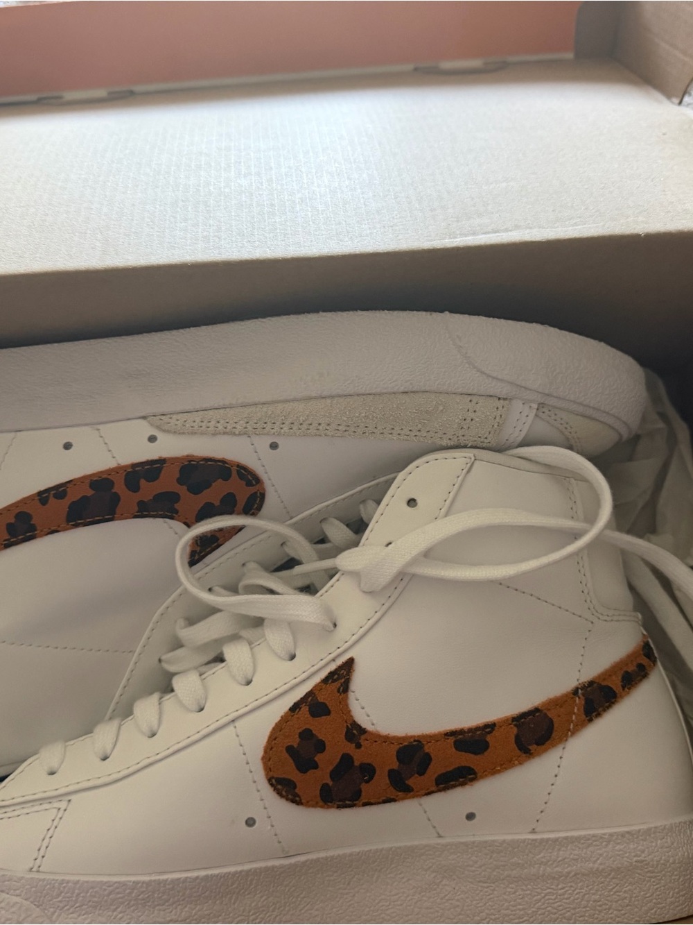 White High-Top Sneakers with Leopard Swoosh
